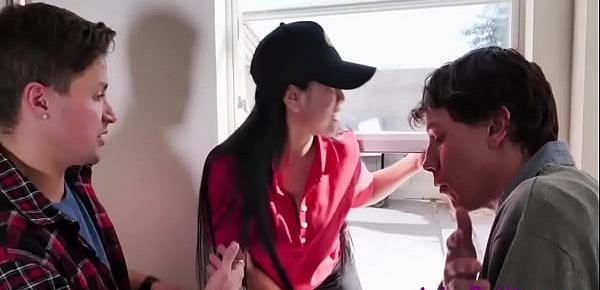  Asian Pizza Girl Stuck With Two Horny Customers- Ember Snow